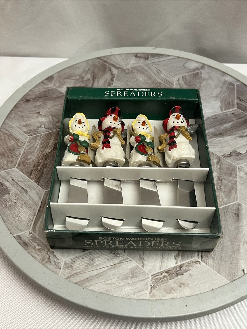 Vintage 1997 Boston Warehouse Folk Snowman Spreaders Set of 4 Boxed